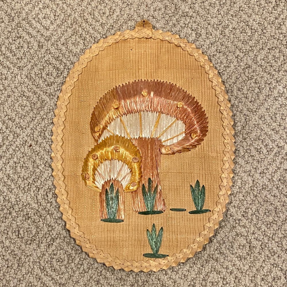 Vintage Raffia Embroidered Mushroom Wall Hanging in Tan and Brown